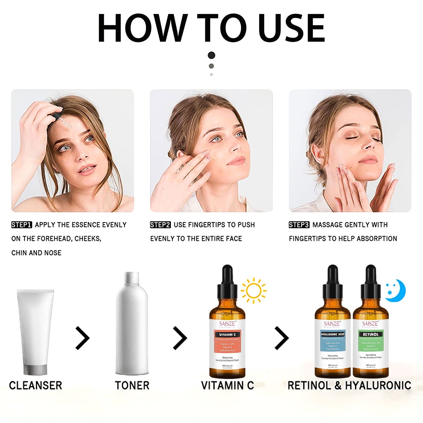 SAISZE Face Serum Set, 3 Pcs Anti-Aging Vitamin C Serum & Hyalurionic