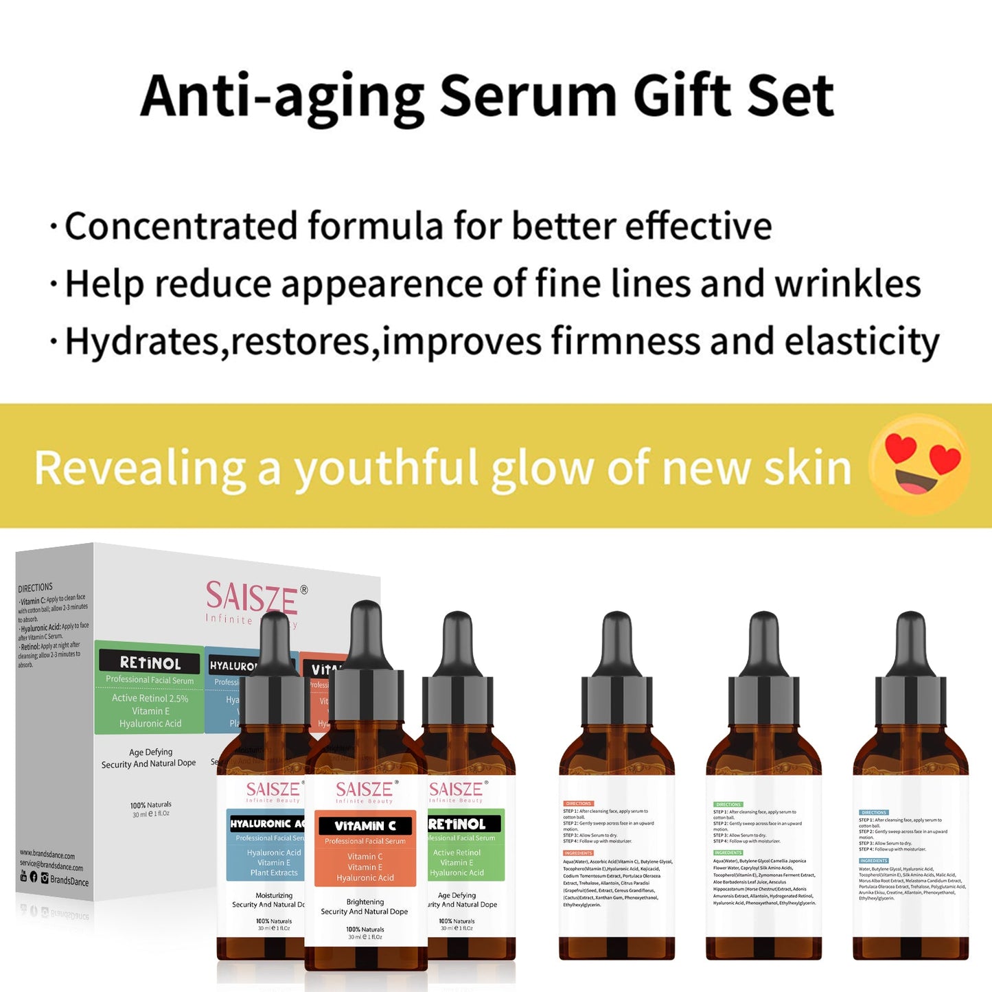 SAISZE Face Serum Set, 3 Pcs Anti-Aging Vitamin C Serum & Hyalurionic